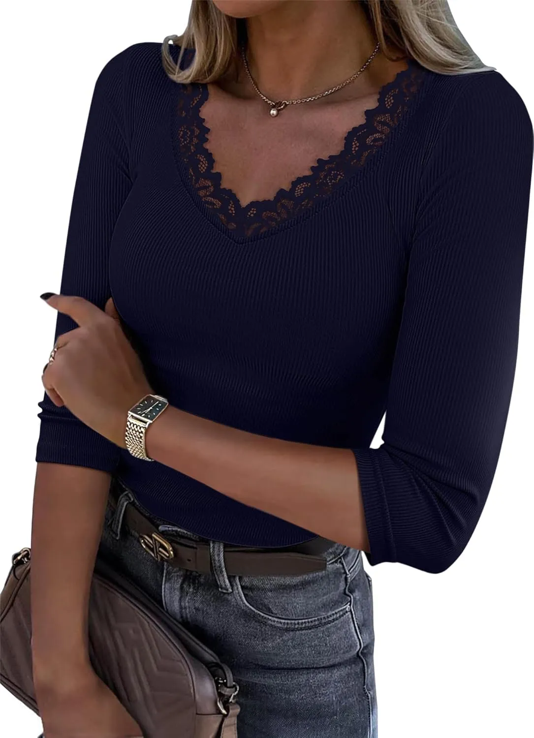 3/4 Length Sleeve Womens Tops Lace Sexy V Neck Ribbed Knit Fitted T Shirts Dressy Casual Blouses Going Out Tops