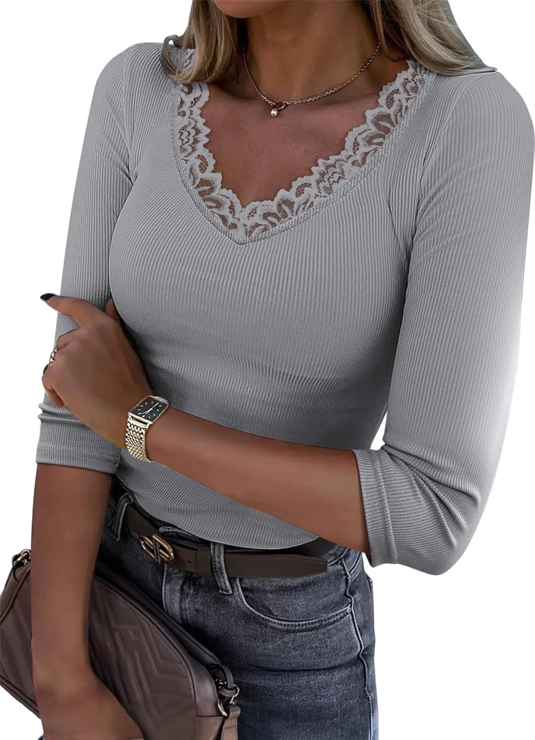 3/4 Length Sleeve Womens Tops Lace Sexy V Neck Ribbed Knit Fitted T Shirts Dressy Casual Blouses Going Out Tops