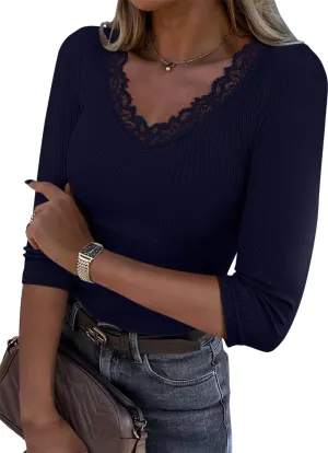 3/4 Length Sleeve Womens Tops Lace Sexy V Neck Ribbed Knit Fitted T Shirts Dressy Casual Blouses Going Out Tops