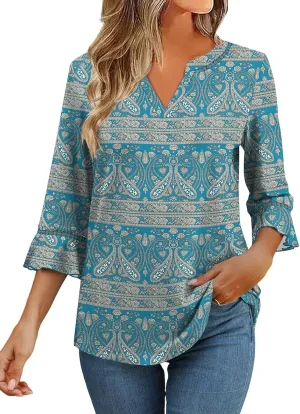 3/4 Length Sleeve Womens Tops Summer Ruffle Sleeve Blouses V-Neck Lace T-Shirts Dressy Casual
