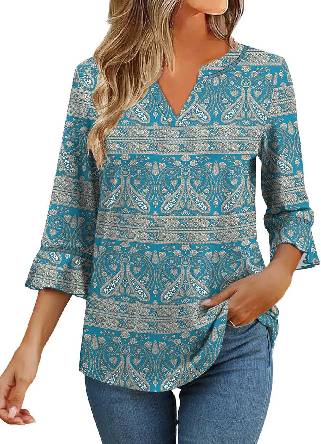 3/4 Length Sleeve Womens Tops Summer Ruffle Sleeve Blouses V-Neck Lace T-Shirts Dressy Casual
