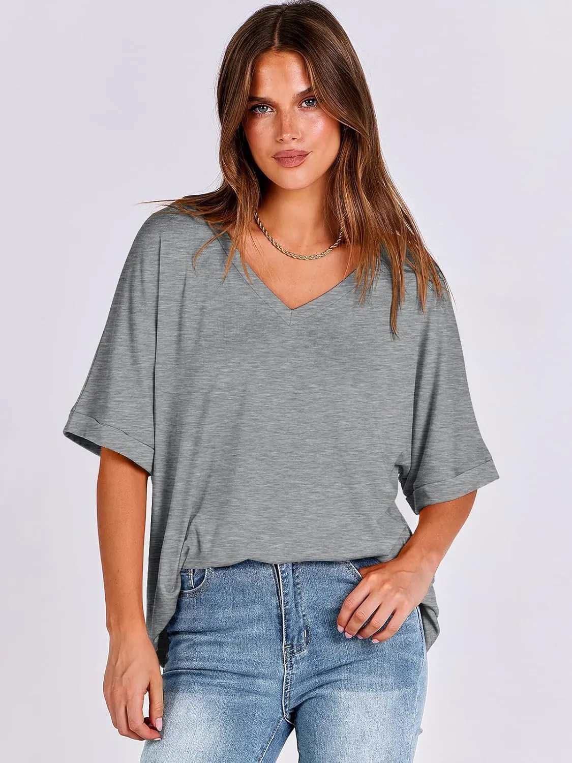 ANRABESS Women's Oversized T Shirts Short Sleeve V Neck Summer Tops Casual Loose Basic Plain Tee Shirts 2025 Clothes Outfits