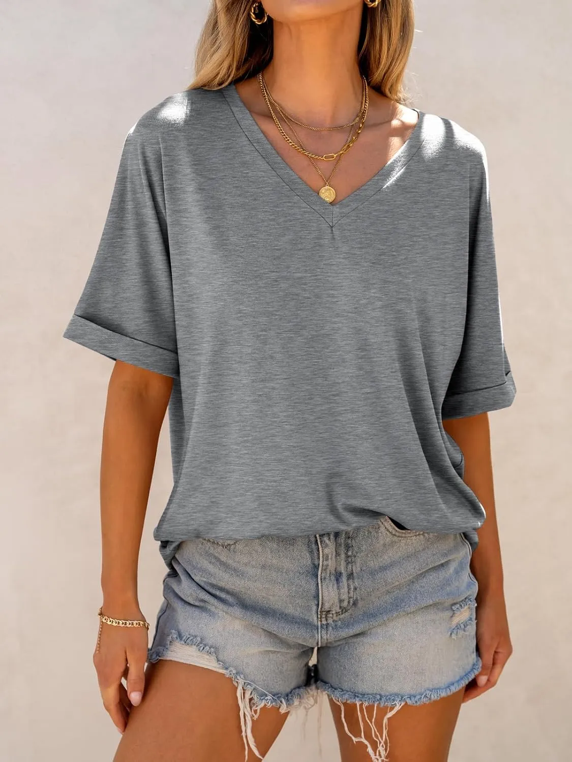 ANRABESS Women's Oversized T Shirts Short Sleeve V Neck Summer Tops Casual Loose Basic Plain Tee Shirts 2025 Clothes Outfits