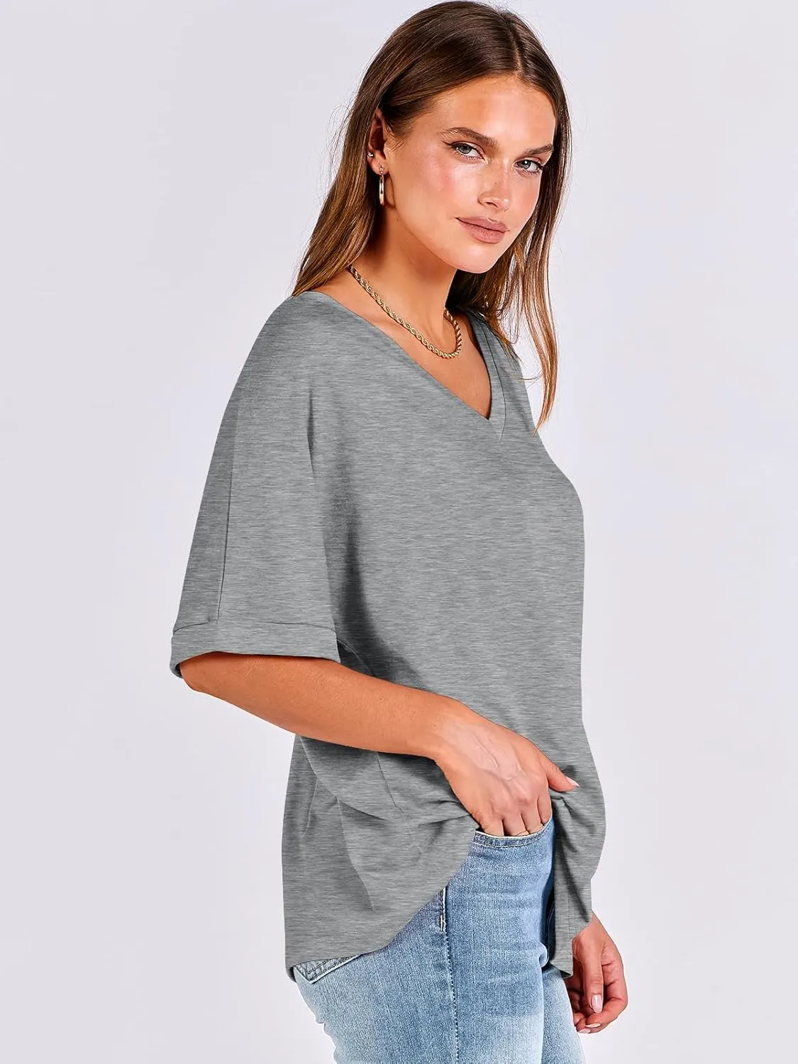 ANRABESS Women's Oversized T Shirts Short Sleeve V Neck Summer Tops Casual Loose Basic Plain Tee Shirts 2025 Clothes Outfits