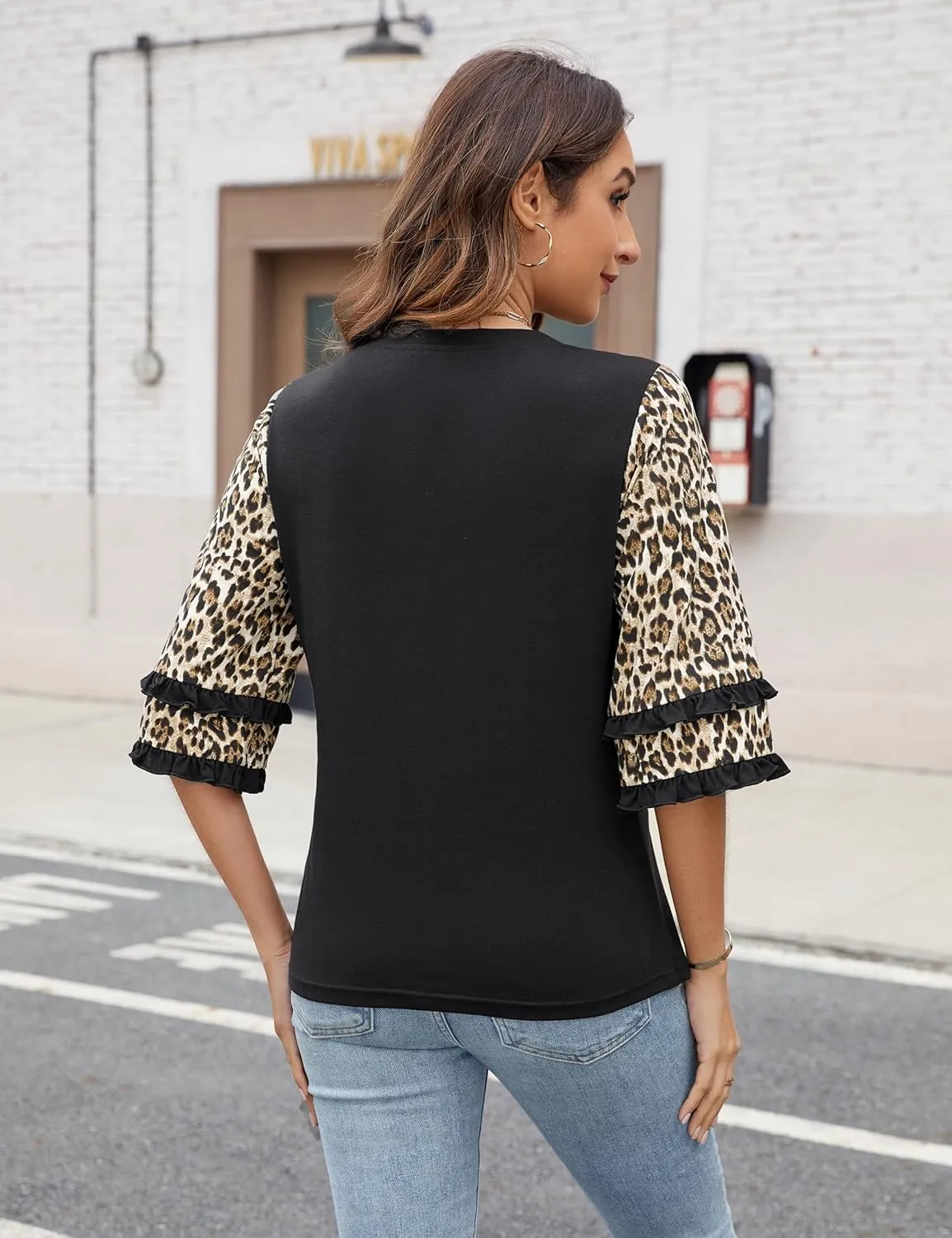 Blooming Jelly Women's Leopard Print Tops Loose V Neck Shirts Short Sleeve Blouses with Pocket