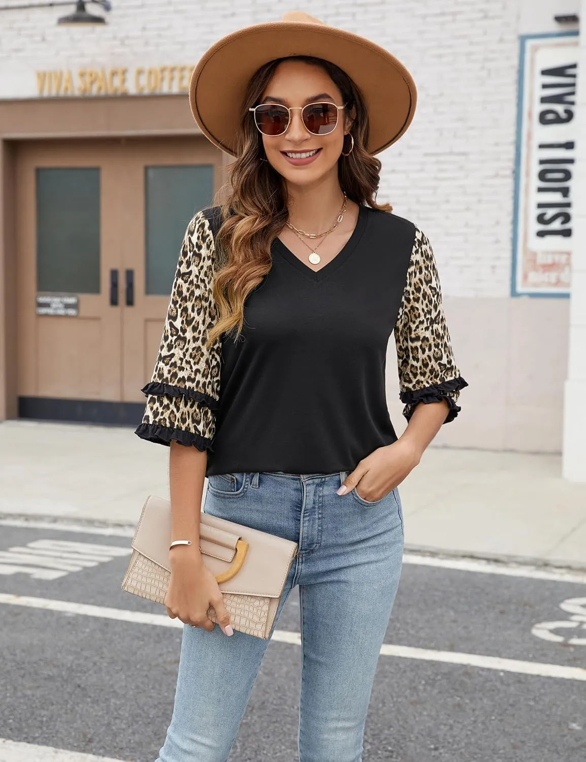 Blooming Jelly Women's Leopard Print Tops Loose V Neck Shirts Short Sleeve Blouses with Pocket