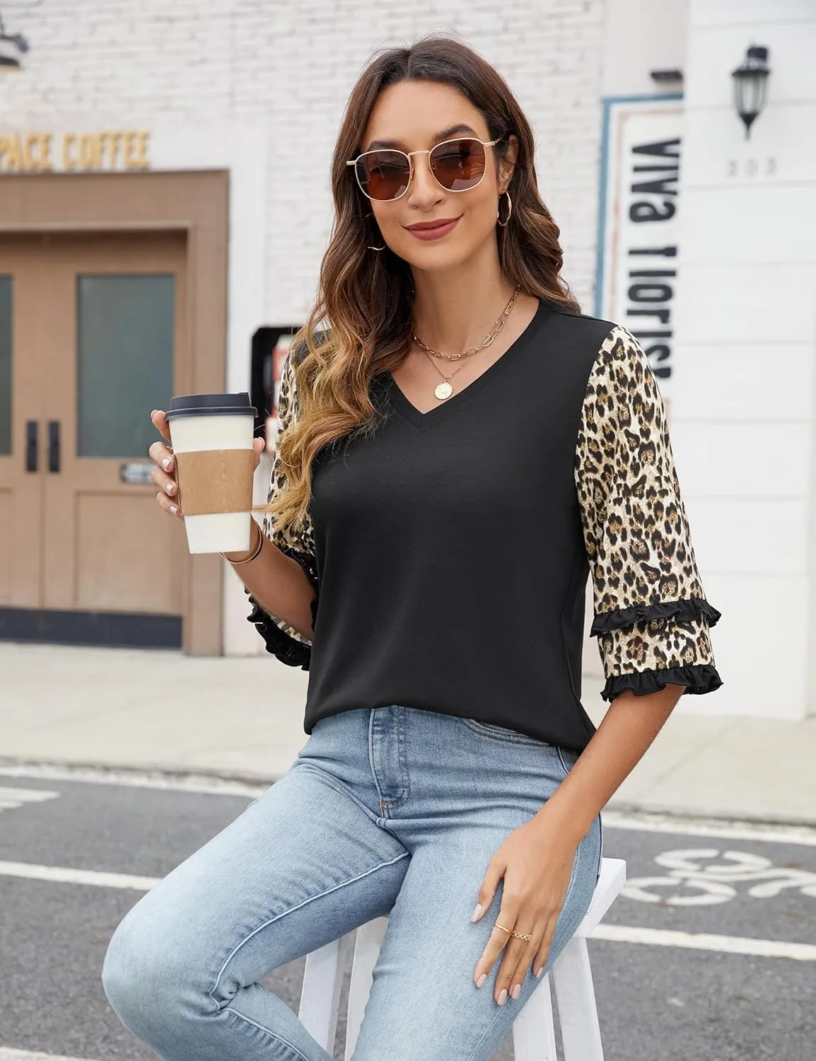 Blooming Jelly Women's Leopard Print Tops Loose V Neck Shirts Short Sleeve Blouses with Pocket