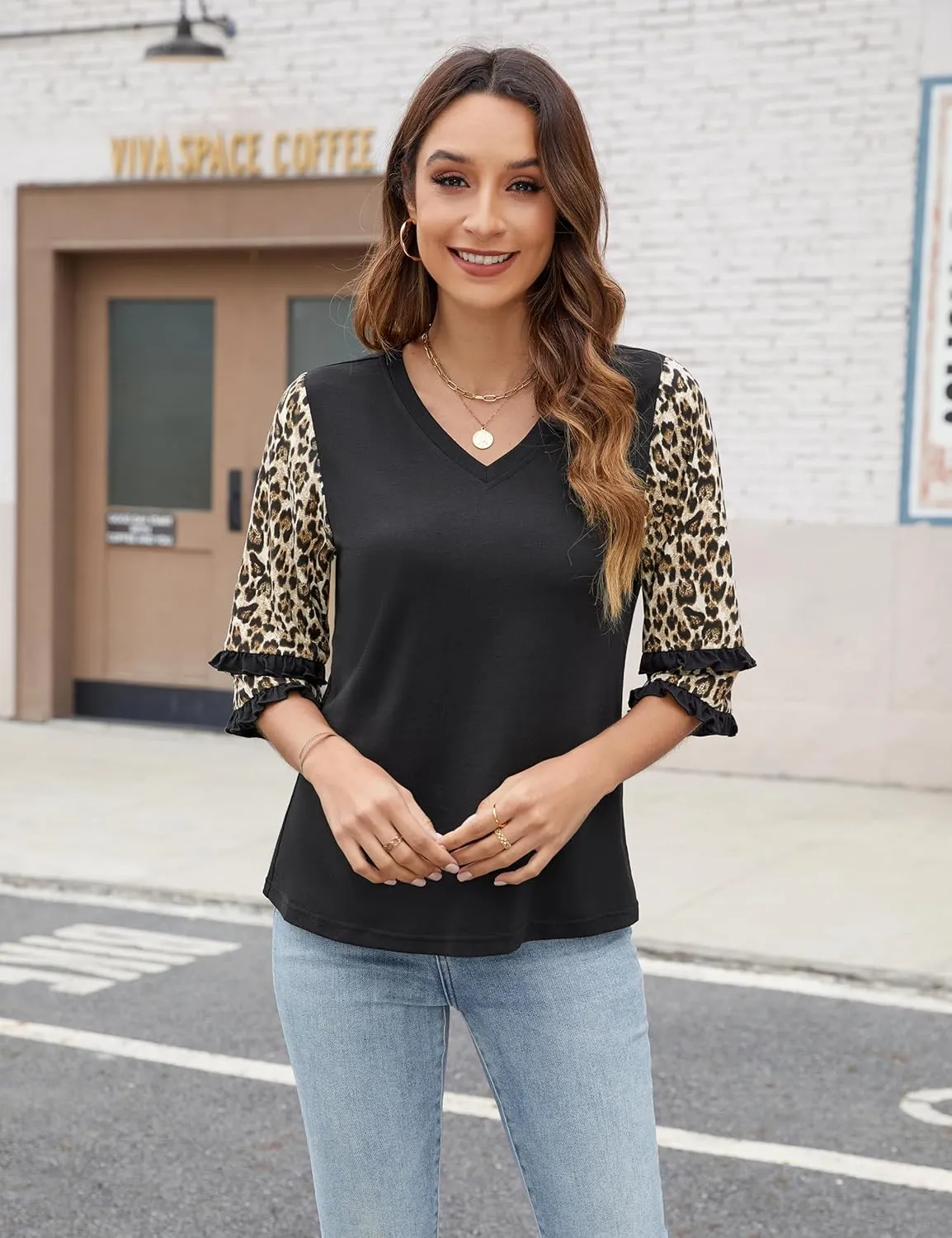 Blooming Jelly Women's Leopard Print Tops Loose V Neck Shirts Short Sleeve Blouses with Pocket