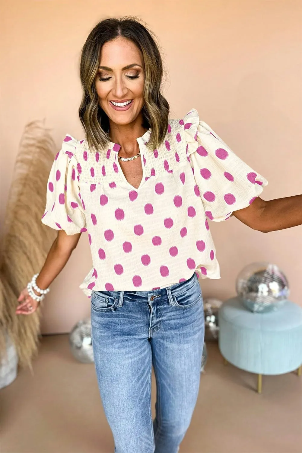 Blouse for Women Apricot Polka Dot Print Shirred Yoke Notched Neck Balloon Sleeve Blouse Summer Top 2025