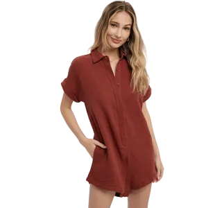 Button Up Shirt Romper - Brick