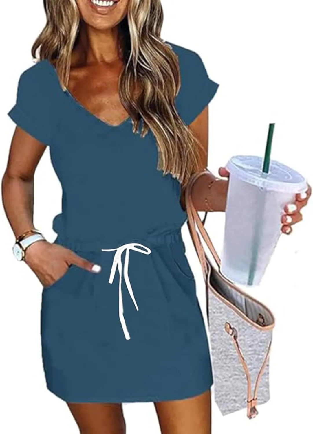 Casual Summer Dresses for Women 2025,Womens Fashion Summer Dress Lantern Sleeve Square Neck Tie Front Mini Beach Dresses