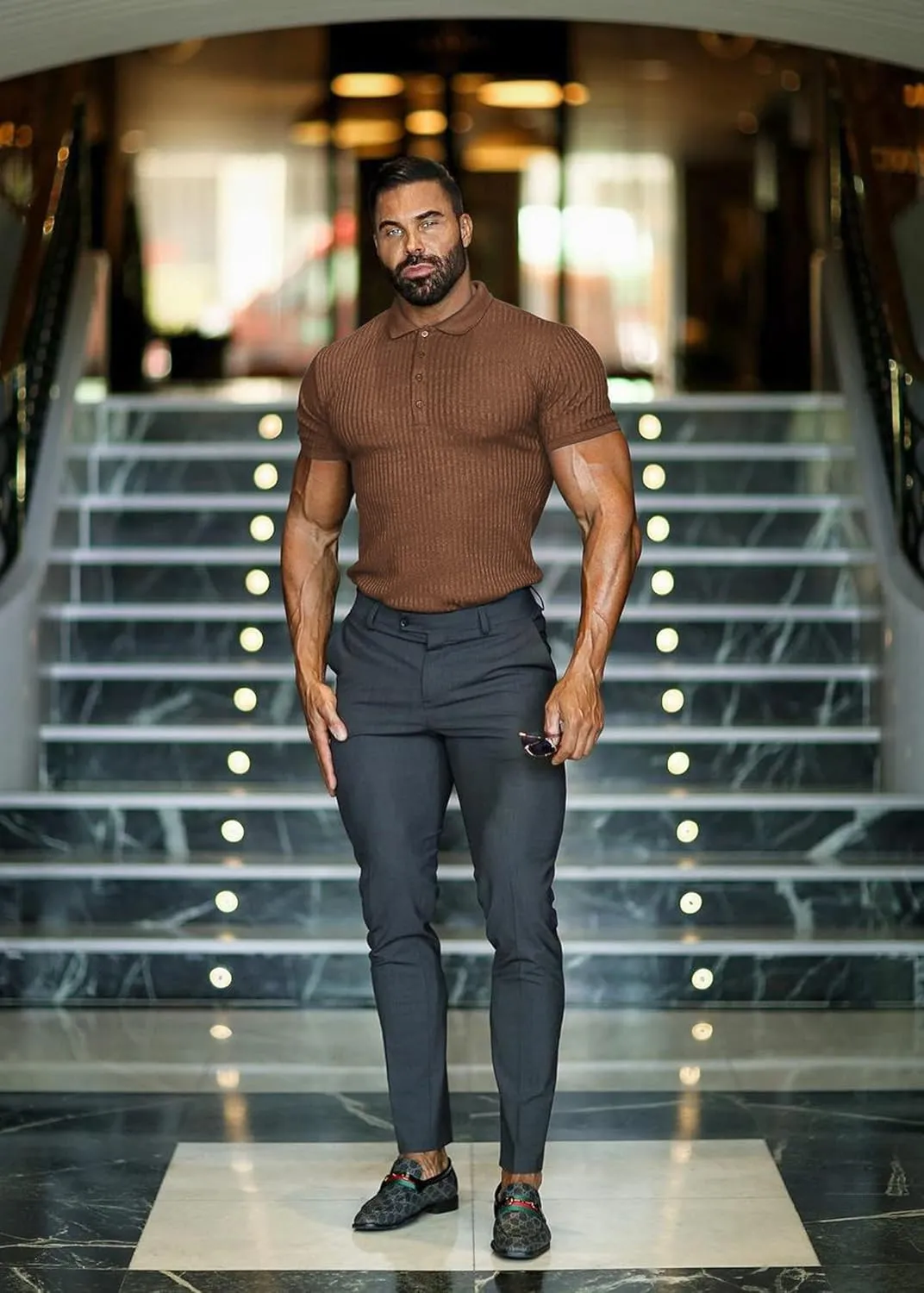 Collared Muscle Polo Shirts Men Slim Fit Textured Knit Polo Shirts Short Sleeve Button Down Shirts Casual Stylish