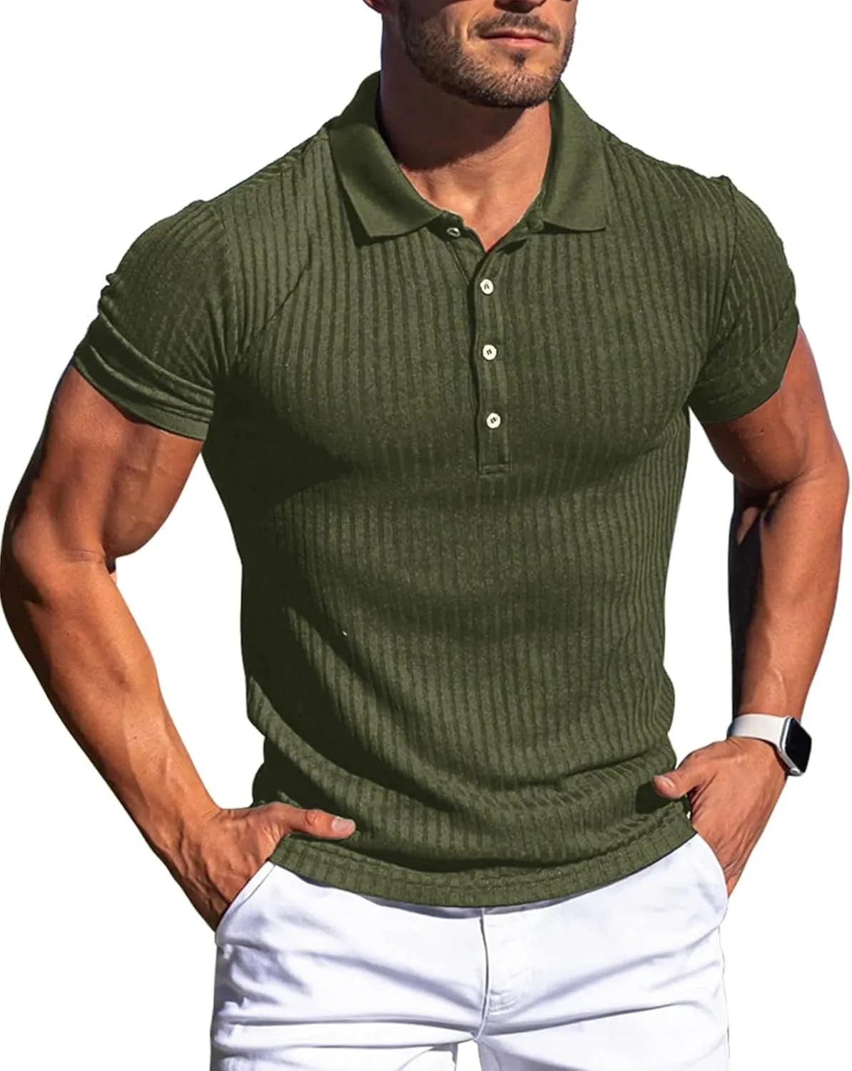 Collared Muscle Polo Shirts Men Slim Fit Textured Knit Polo Shirts Short Sleeve Button Down Shirts Casual Stylish