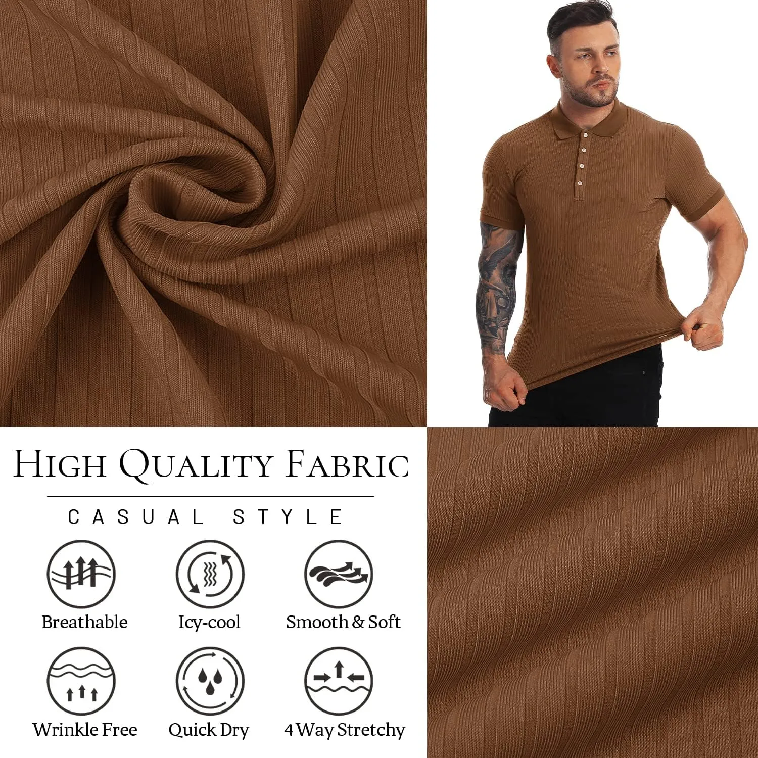 Collared Muscle Polo Shirts Men Slim Fit Textured Knit Polo Shirts Short Sleeve Button Down Shirts Casual Stylish