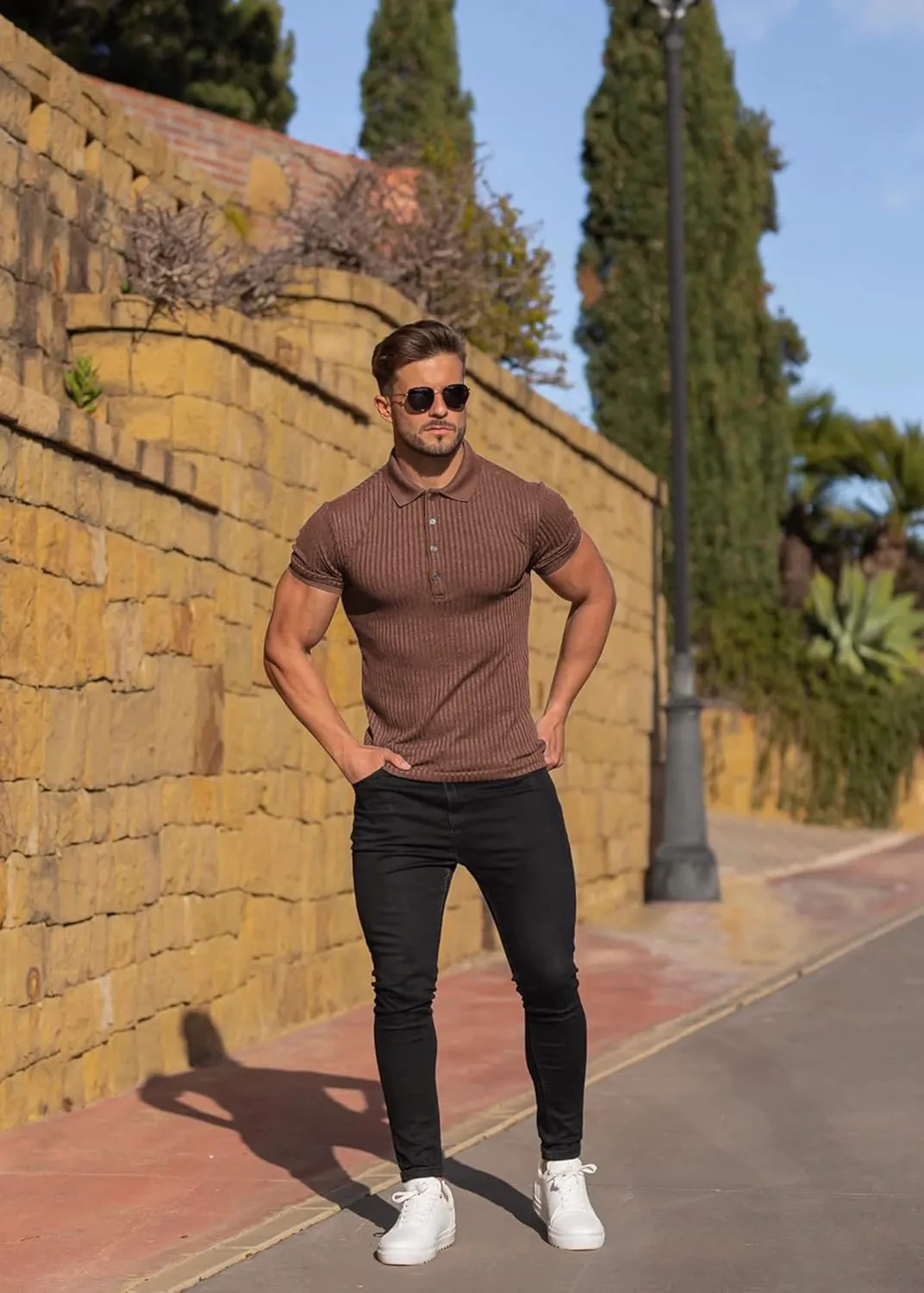 Collared Muscle Polo Shirts Men Slim Fit Textured Knit Polo Shirts Short Sleeve Button Down Shirts Casual Stylish