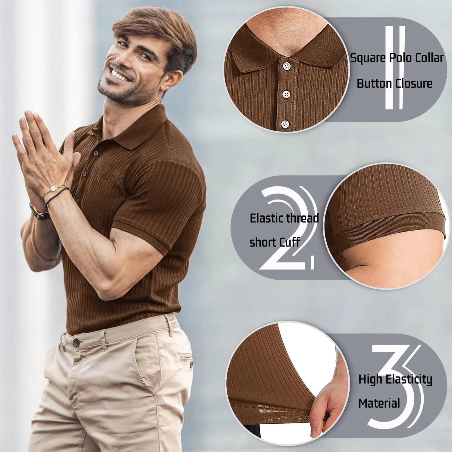 Collared Muscle Polo Shirts Men Slim Fit Textured Knit Polo Shirts Short Sleeve Button Down Shirts Casual Stylish