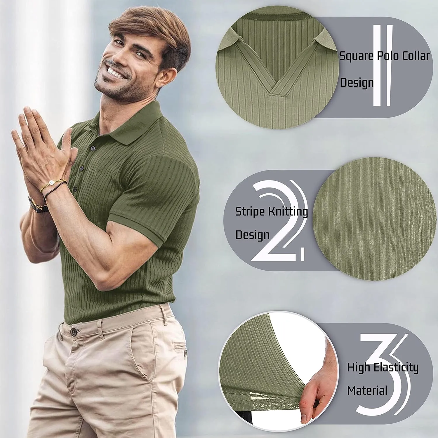 Collared Muscle Polo Shirts Men Slim Fit Textured Knit Polo Shirts Short Sleeve Button Down Shirts Casual Stylish