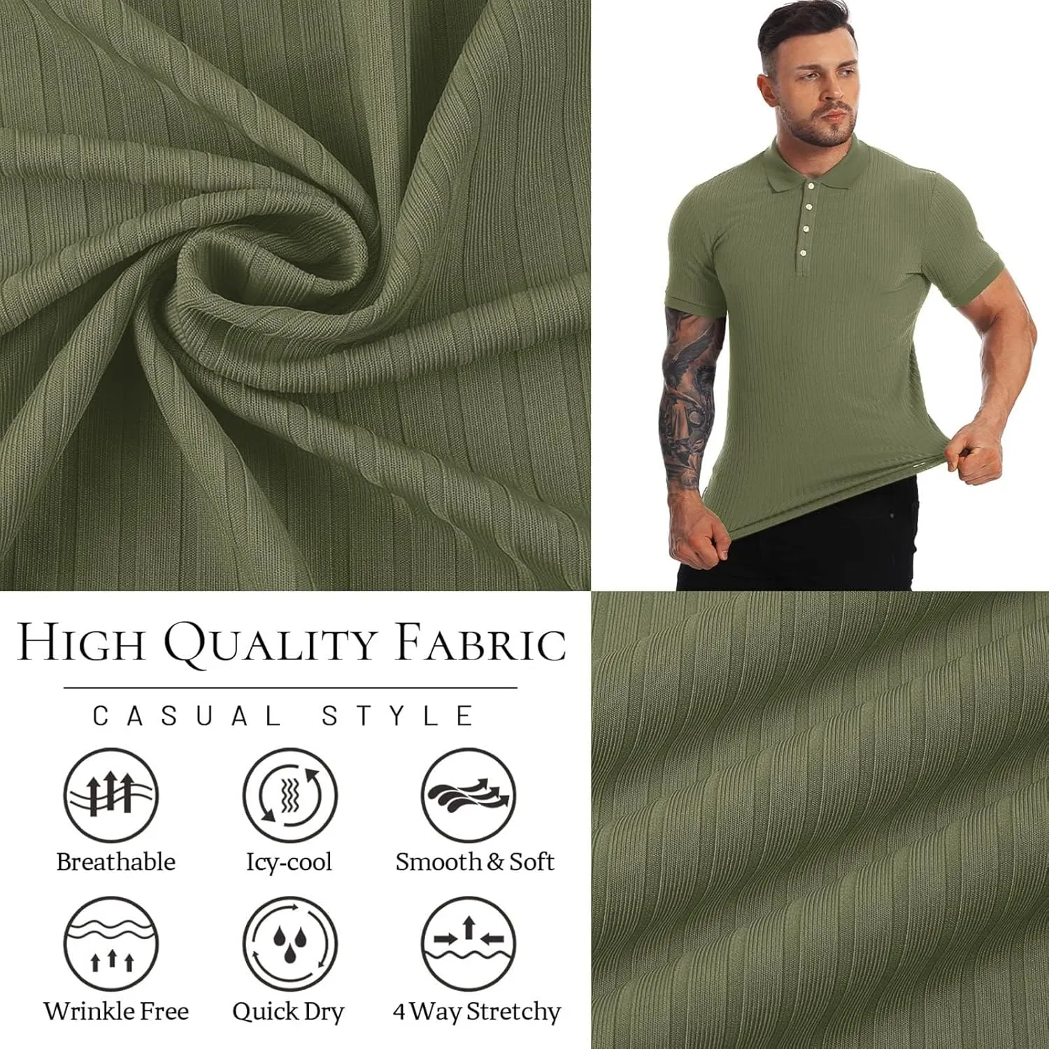 Collared Muscle Polo Shirts Men Slim Fit Textured Knit Polo Shirts Short Sleeve Button Down Shirts Casual Stylish