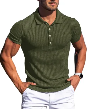 Collared Muscle Polo Shirts Men Slim Fit Textured Knit Polo Shirts Short Sleeve Button Down Shirts Casual Stylish