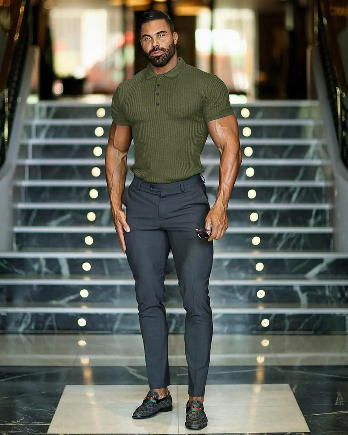 Collared Muscle Polo Shirts Men Slim Fit Textured Knit Polo Shirts Short Sleeve Button Down Shirts Casual Stylish