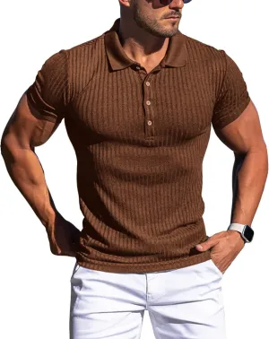 Collared Muscle Polo Shirts Men Slim Fit Textured Knit Polo Shirts Short Sleeve Button Down Shirts Casual Stylish