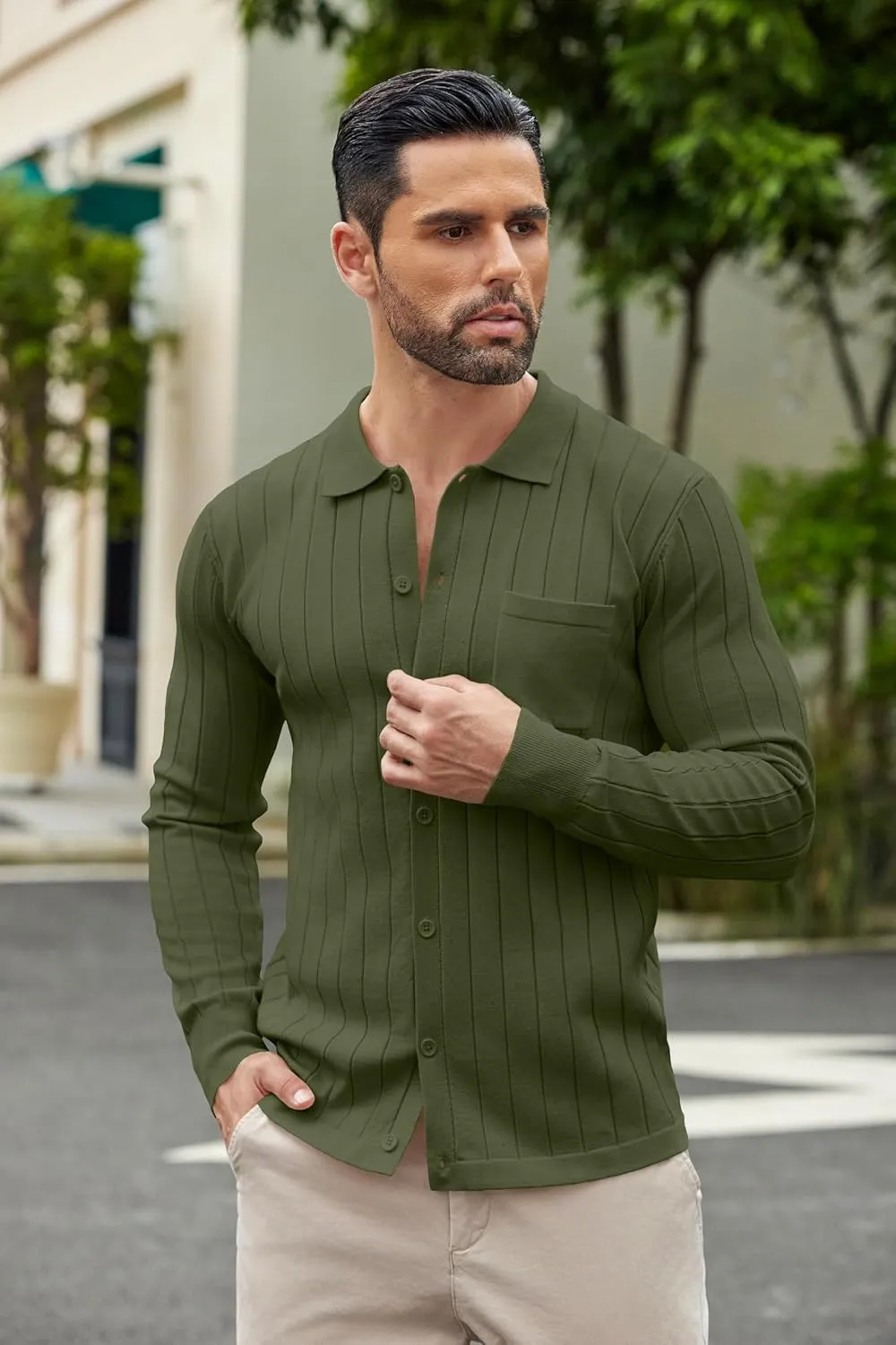 COOFANDY Men's Casual Knit Polo Shirts Long Sleeve Button Down Sweater Polo Ribbed Cardigan Sweater with Pocket