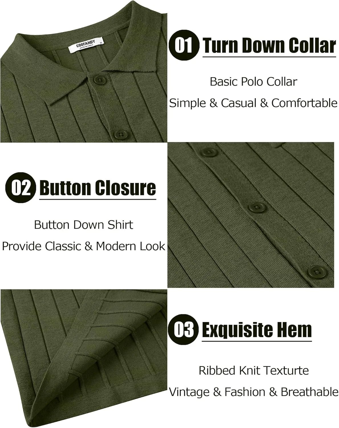 COOFANDY Men's Casual Knit Polo Shirts Long Sleeve Button Down Sweater Polo Ribbed Cardigan Sweater with Pocket