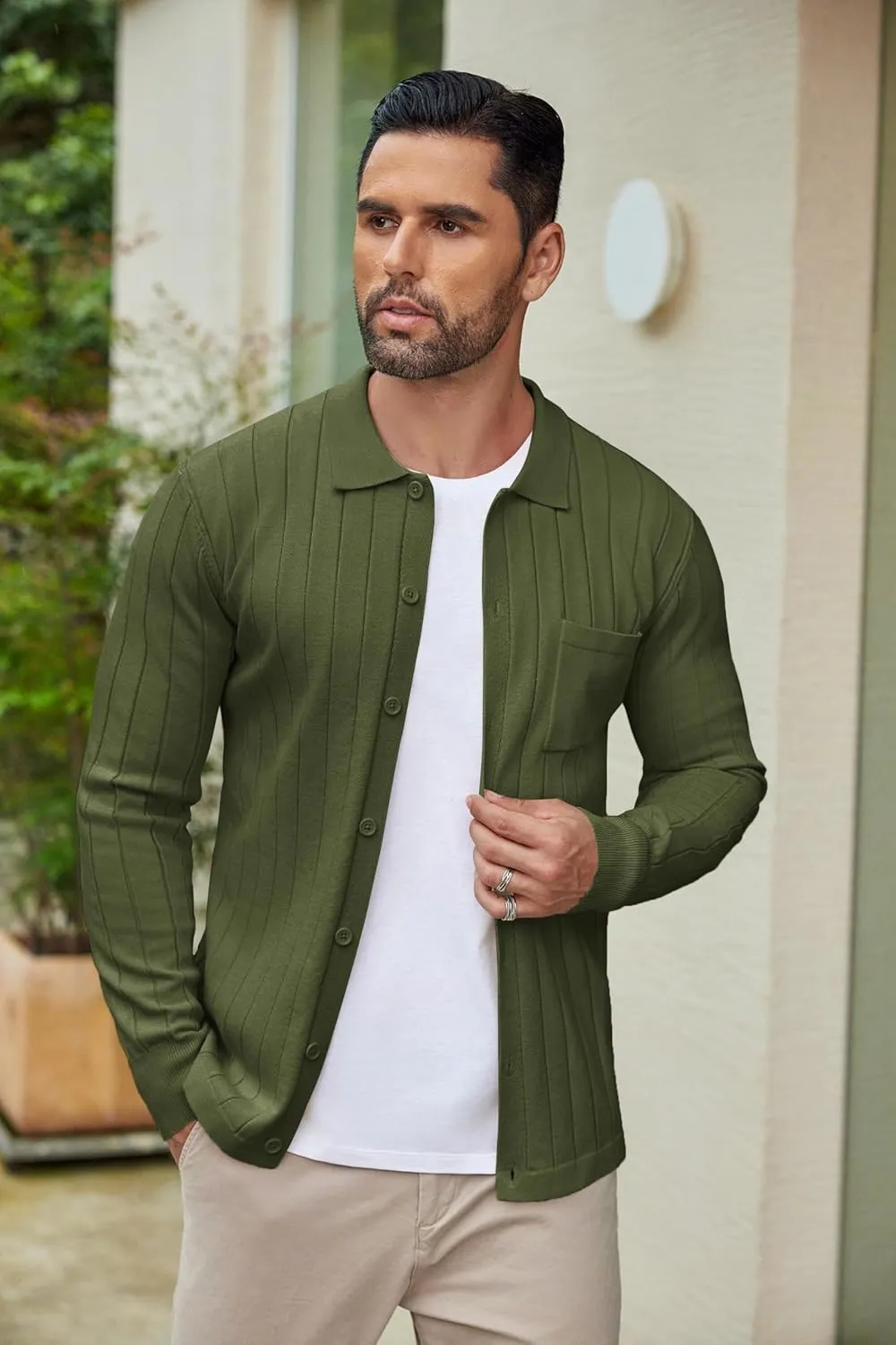 COOFANDY Men's Casual Knit Polo Shirts Long Sleeve Button Down Sweater Polo Ribbed Cardigan Sweater with Pocket