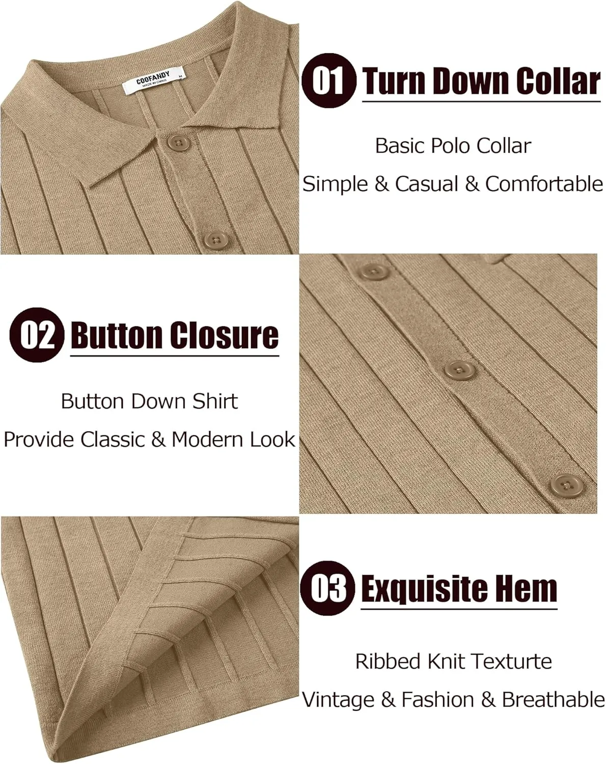 COOFANDY Men's Casual Knit Polo Shirts Long Sleeve Button Down Sweater Polo Ribbed Cardigan Sweater with Pocket