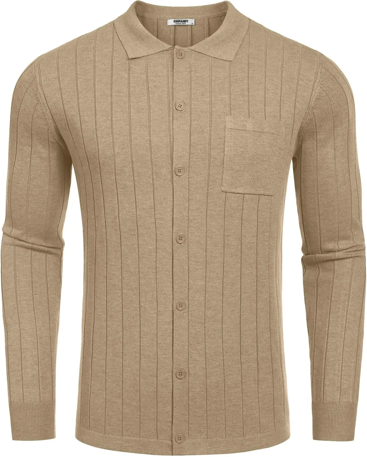 COOFANDY Men's Casual Knit Polo Shirts Long Sleeve Button Down Sweater Polo Ribbed Cardigan Sweater with Pocket