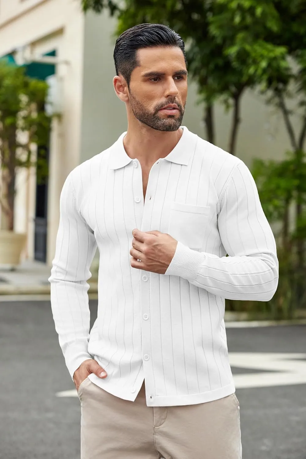 COOFANDY Men's Casual Knit Polo Shirts Long Sleeve Button Down Sweater Polo Ribbed Cardigan Sweater with Pocket