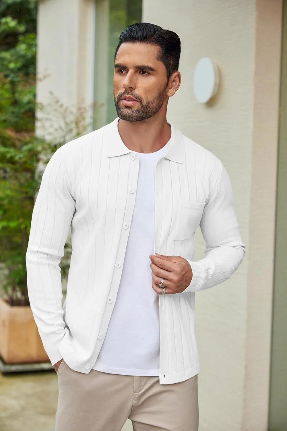 COOFANDY Men's Casual Knit Polo Shirts Long Sleeve Button Down Sweater Polo Ribbed Cardigan Sweater with Pocket