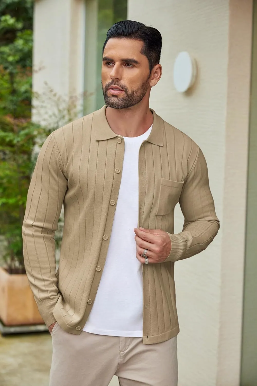 COOFANDY Men's Casual Knit Polo Shirts Long Sleeve Button Down Sweater Polo Ribbed Cardigan Sweater with Pocket