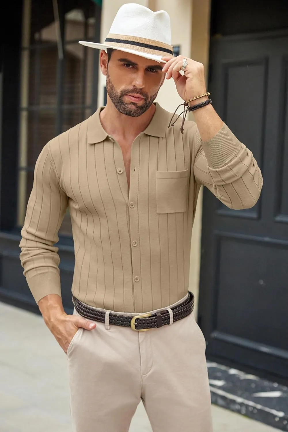 COOFANDY Men's Casual Knit Polo Shirts Long Sleeve Button Down Sweater Polo Ribbed Cardigan Sweater with Pocket