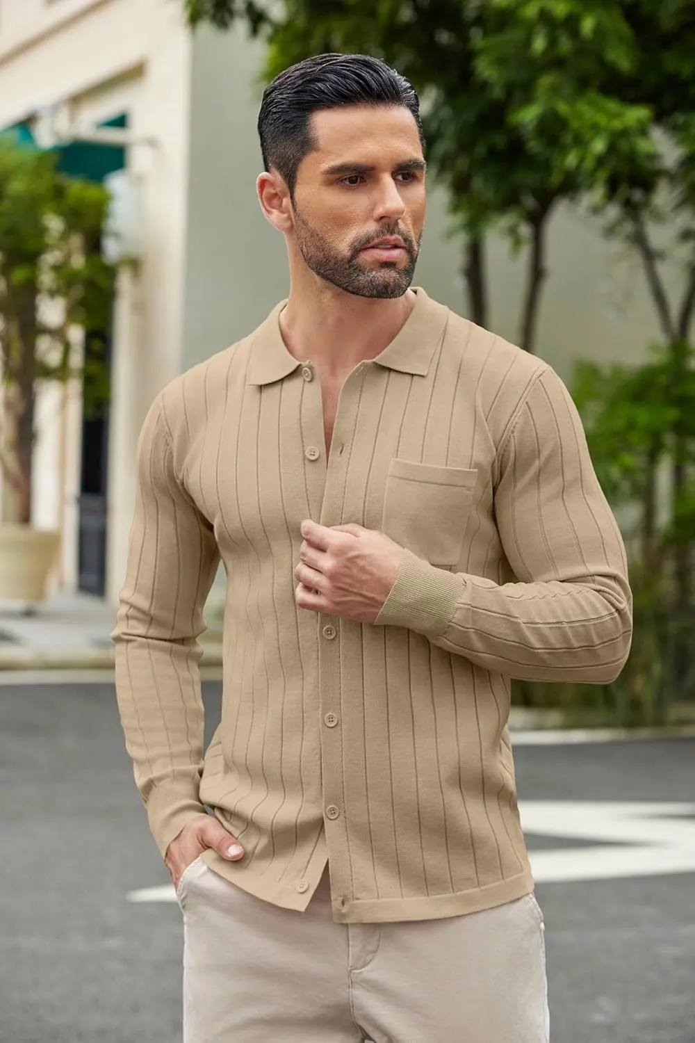 COOFANDY Men's Casual Knit Polo Shirts Long Sleeve Button Down Sweater Polo Ribbed Cardigan Sweater with Pocket