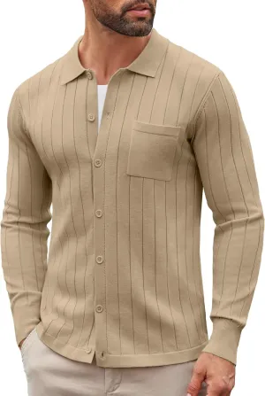 COOFANDY Men's Casual Knit Polo Shirts Long Sleeve Button Down Sweater Polo Ribbed Cardigan Sweater with Pocket