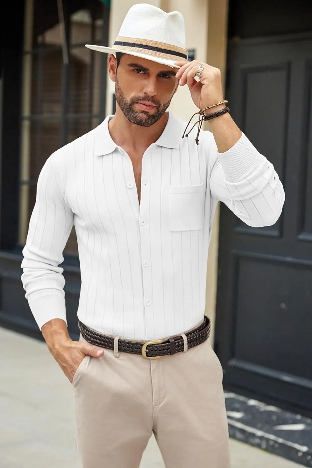 COOFANDY Men's Casual Knit Polo Shirts Long Sleeve Button Down Sweater Polo Ribbed Cardigan Sweater with Pocket