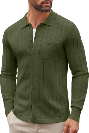 COOFANDY Men's Casual Knit Polo Shirts Long Sleeve Button Down Sweater Polo Ribbed Cardigan Sweater with Pocket