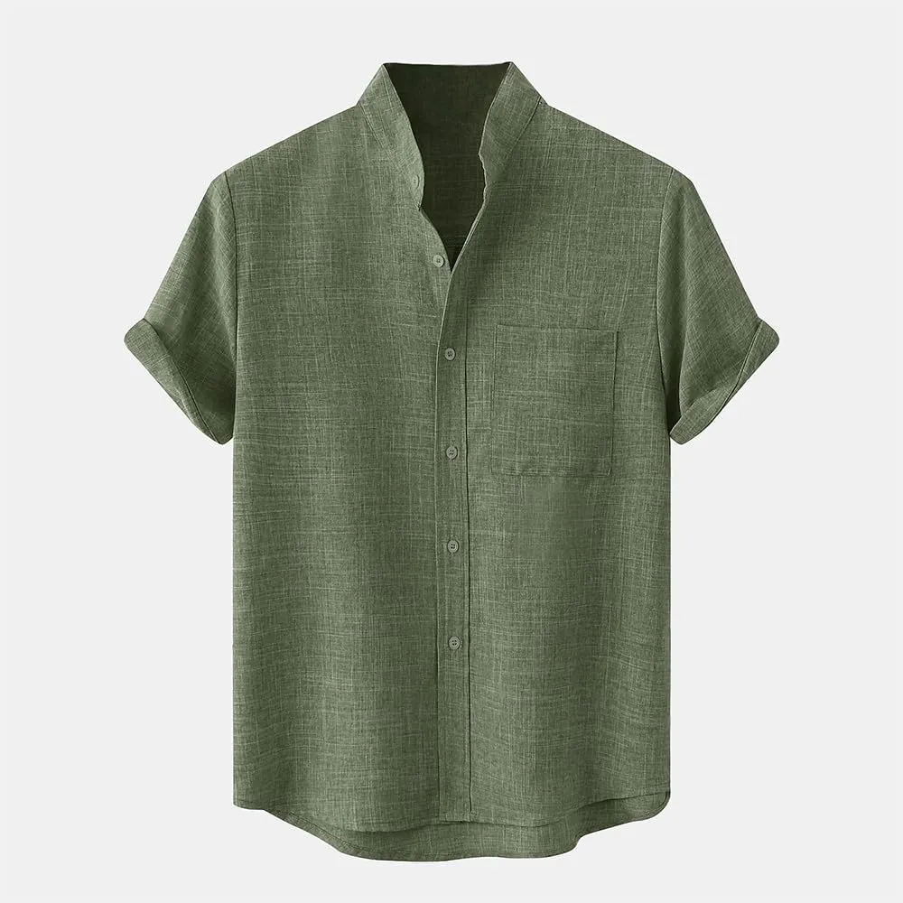 Cotton Linen Shirts for Men Casual Loose Shirts Lightweight Short Sleeve Button Down Beach Hawaiian Shirts Pockets
