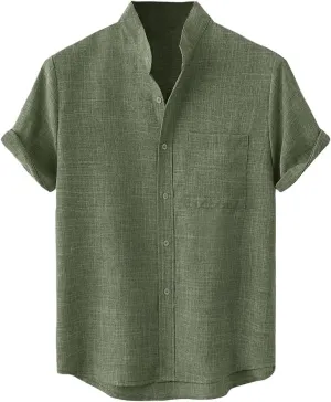 Cotton Linen Shirts for Men Casual Loose Shirts Lightweight Short Sleeve Button Down Beach Hawaiian Shirts Pockets