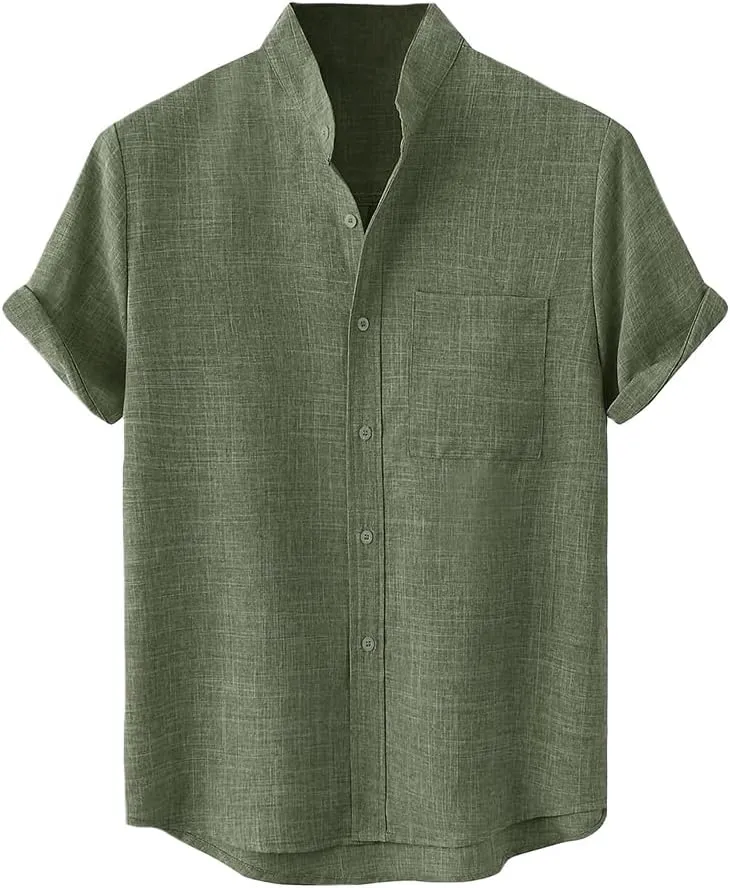 Cotton Linen Shirts for Men Casual Loose Shirts Lightweight Short Sleeve Button Down Beach Hawaiian Shirts Pockets