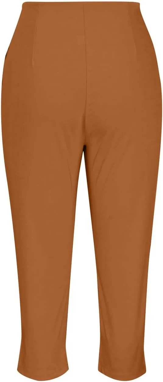 Cropped Pants for Women High Waisted Pull On Dress Capri Pants Slim Straight Leg Stretchy Waist Capris Trousers Pants