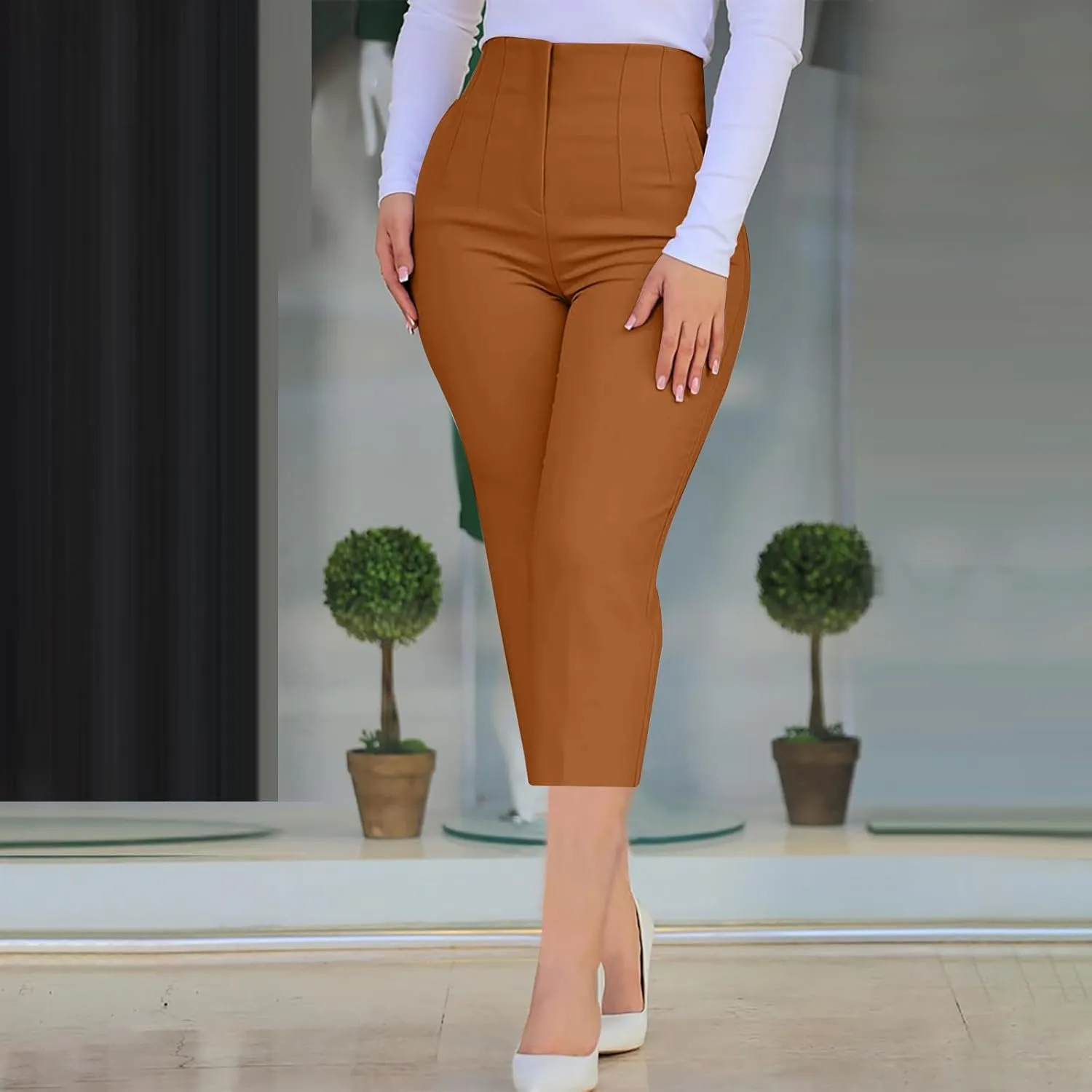Cropped Pants for Women High Waisted Pull On Dress Capri Pants Slim Straight Leg Stretchy Waist Capris Trousers Pants