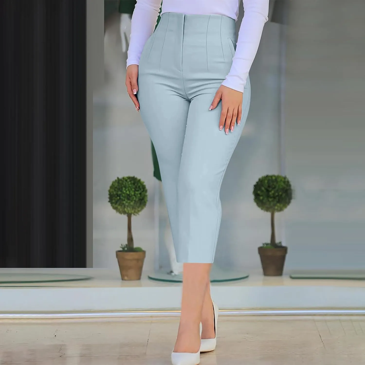 Cropped Pants for Women High Waisted Pull On Dress Capri Pants Slim Straight Leg Stretchy Waist Capris Trousers Pants