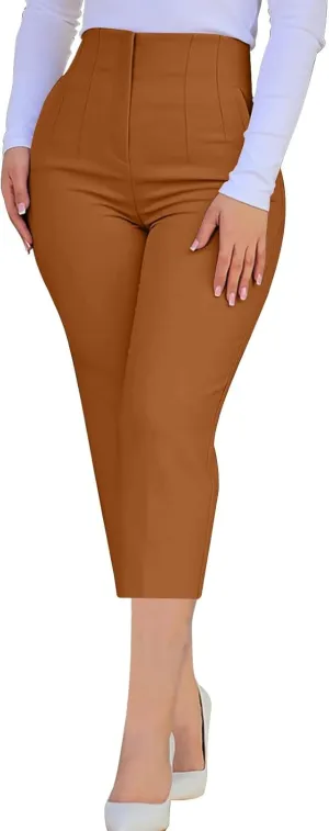 Cropped Pants for Women High Waisted Pull On Dress Capri Pants Slim Straight Leg Stretchy Waist Capris Trousers Pants