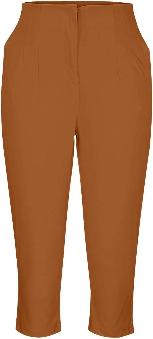 Cropped Pants for Women High Waisted Pull On Dress Capri Pants Slim Straight Leg Stretchy Waist Capris Trousers Pants