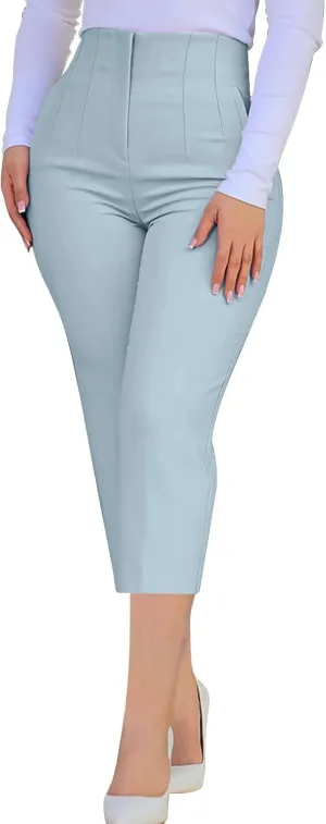 Cropped Pants for Women High Waisted Pull On Dress Capri Pants Slim Straight Leg Stretchy Waist Capris Trousers Pants