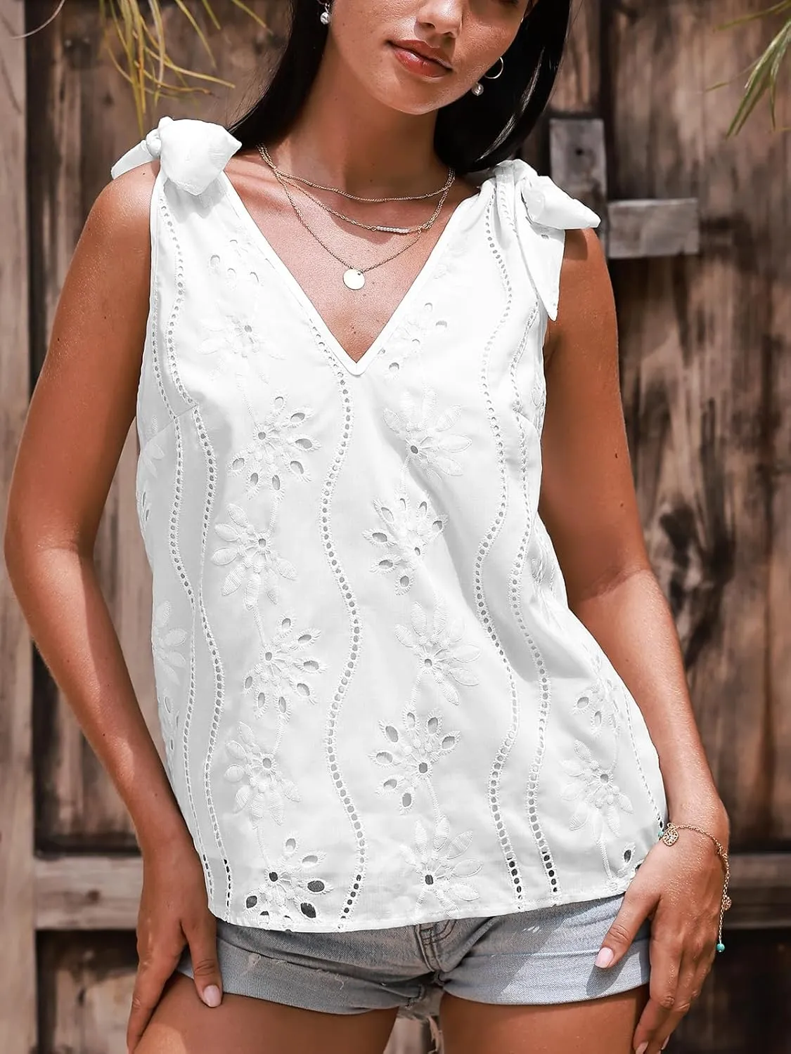 CUPSHE Women Tops V Neck Tie Shoulder Tank Cutout Sleeveless Tee Shirt Casual