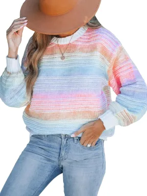 CUPSHE Womens Rainbow Striped Sweater Crewneck Long Lantern Sleeve Cable Knit Pullover Jumper Tops
