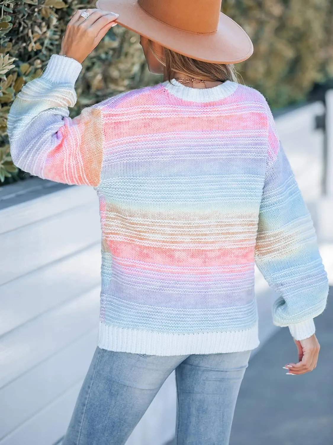 CUPSHE Womens Rainbow Striped Sweater Crewneck Long Lantern Sleeve Cable Knit Pullover Jumper Tops